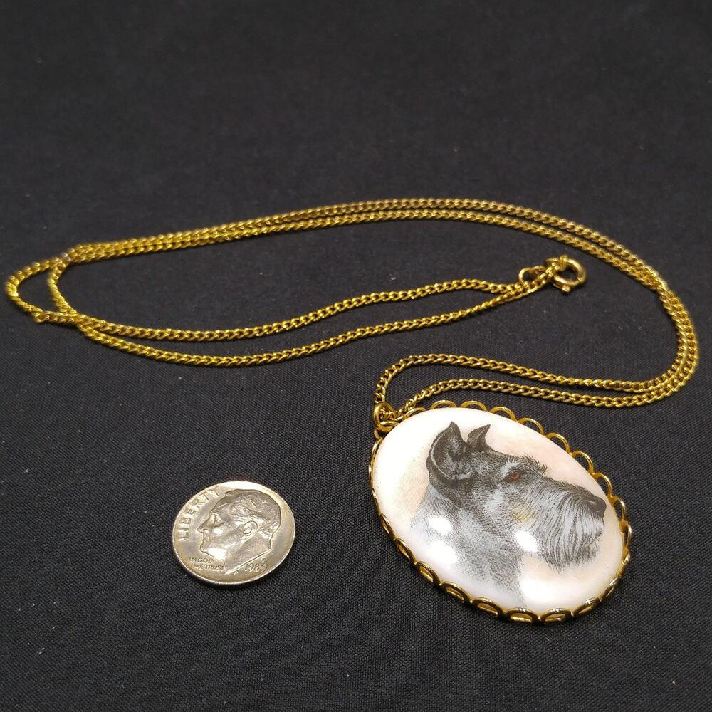 1960s Schnauzer Dog Pendant Necklace Ceramic Portrait Gold Tone Vintage Jewelry - Picture 6 of 10